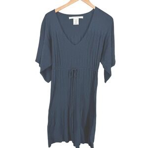 Max Studio Womens Babydoll Milkmaid Midi Dress M Blue Boho Y2K Drawstring Vtg